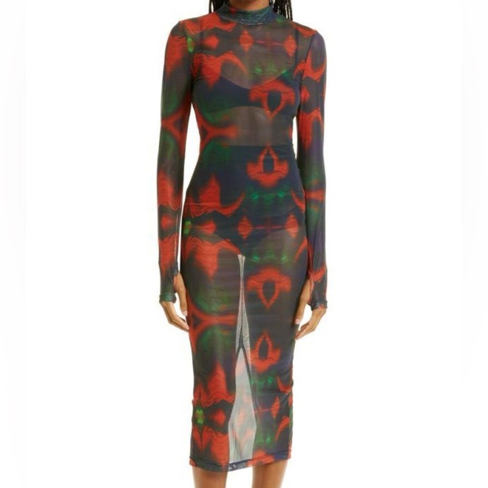 BY.DYLN - Martina Print Long Sleeve Sheer Mesh Midi Dress